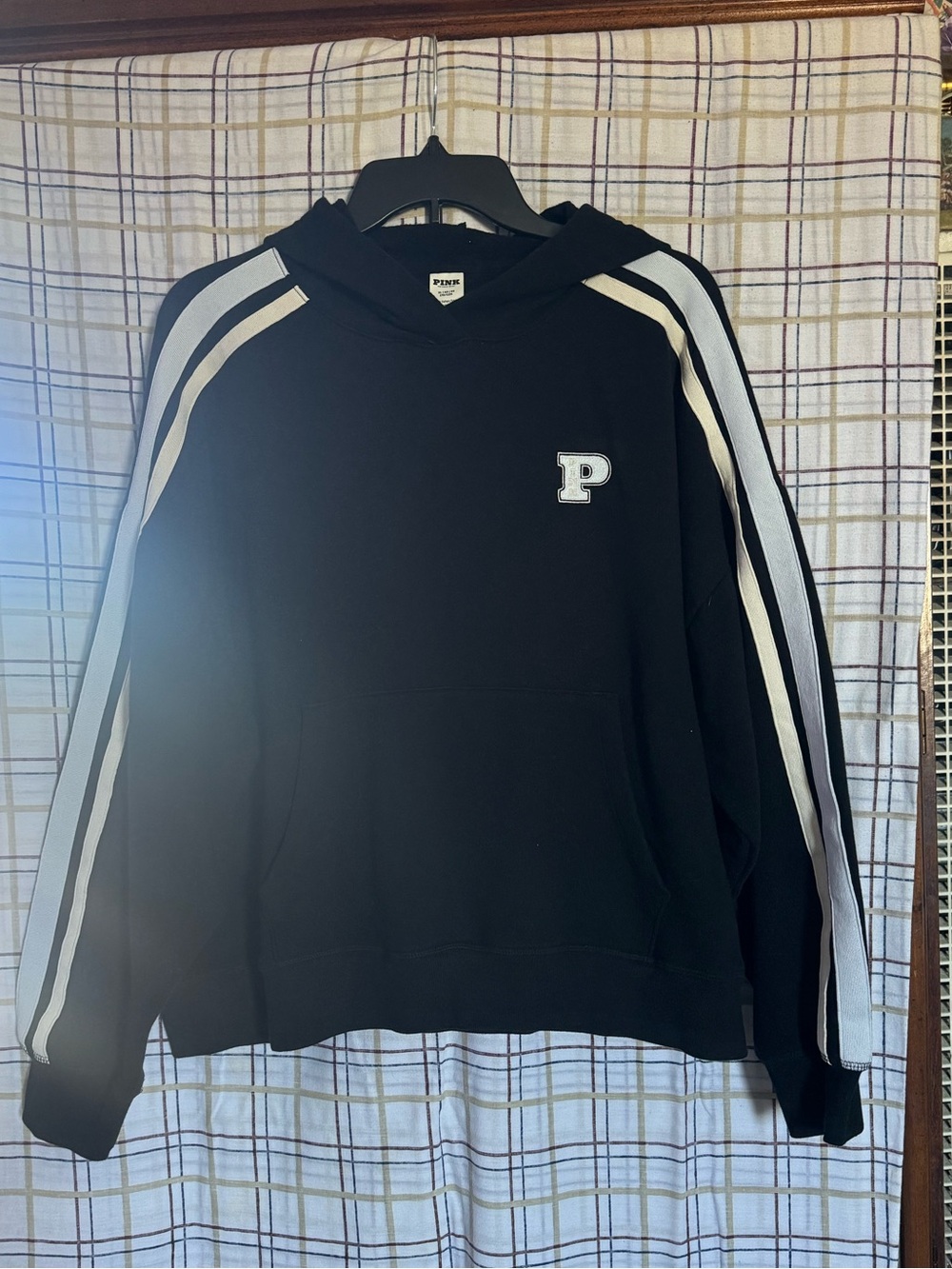 PINK Victoria's Secret Black Hoodie with White Shoulder Stripes
